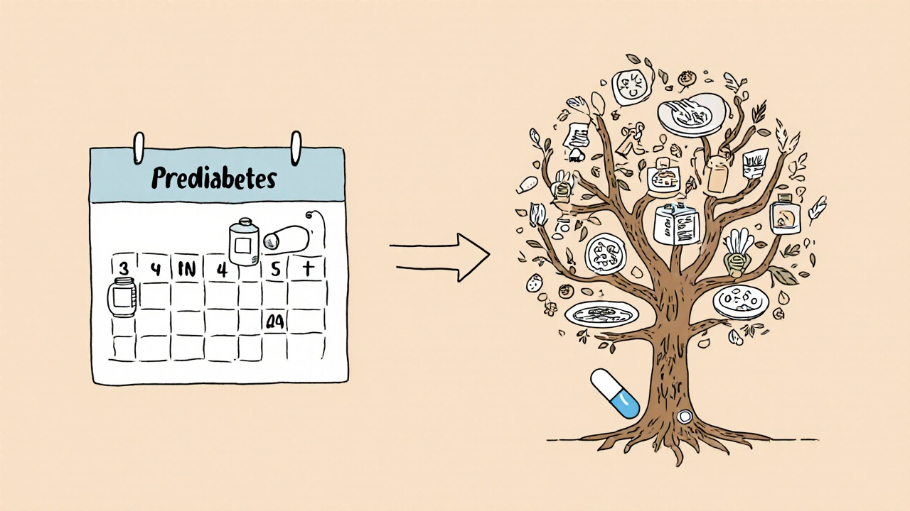 Calendar turning from prediabetes to reversed with daily healthy habit icons forming a tree
