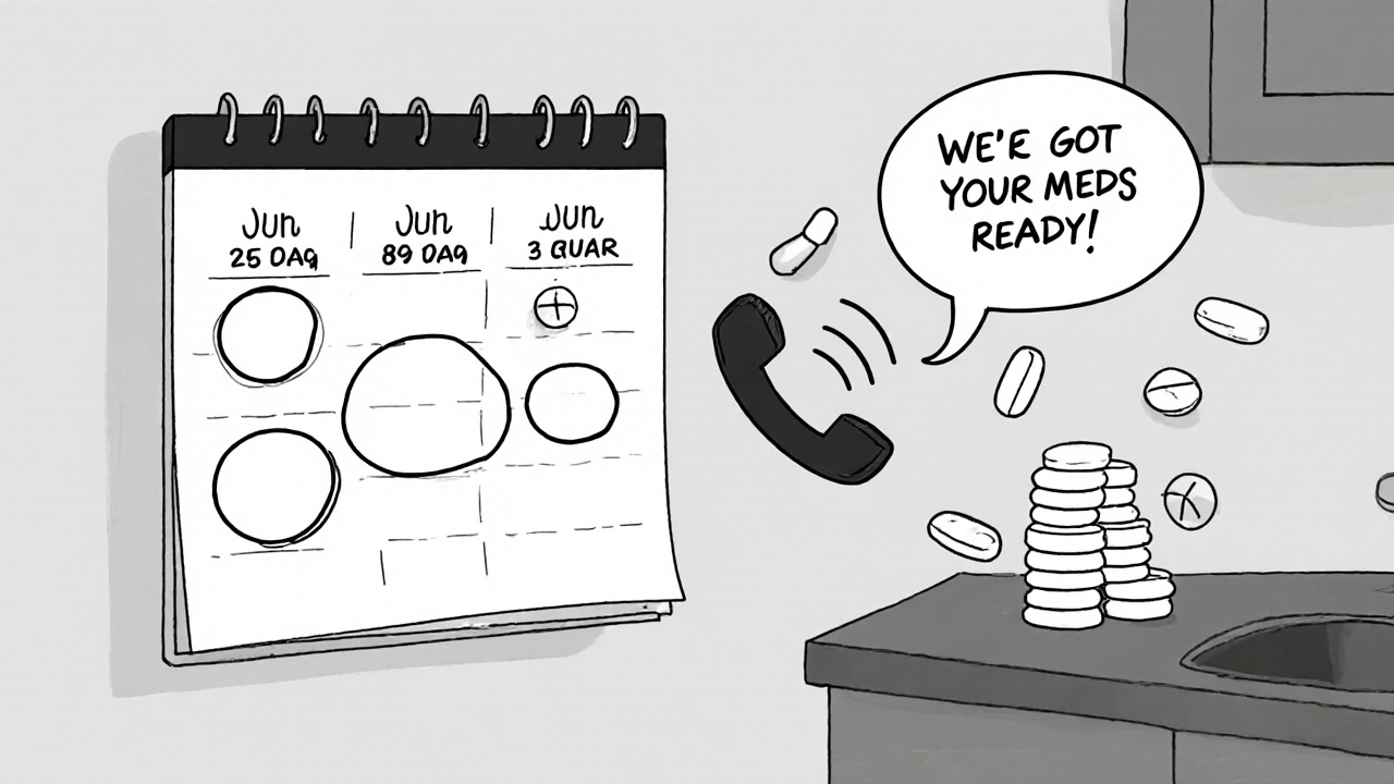 Calendar with one synced refill date and floating pills, phone notification indicating meds are ready.