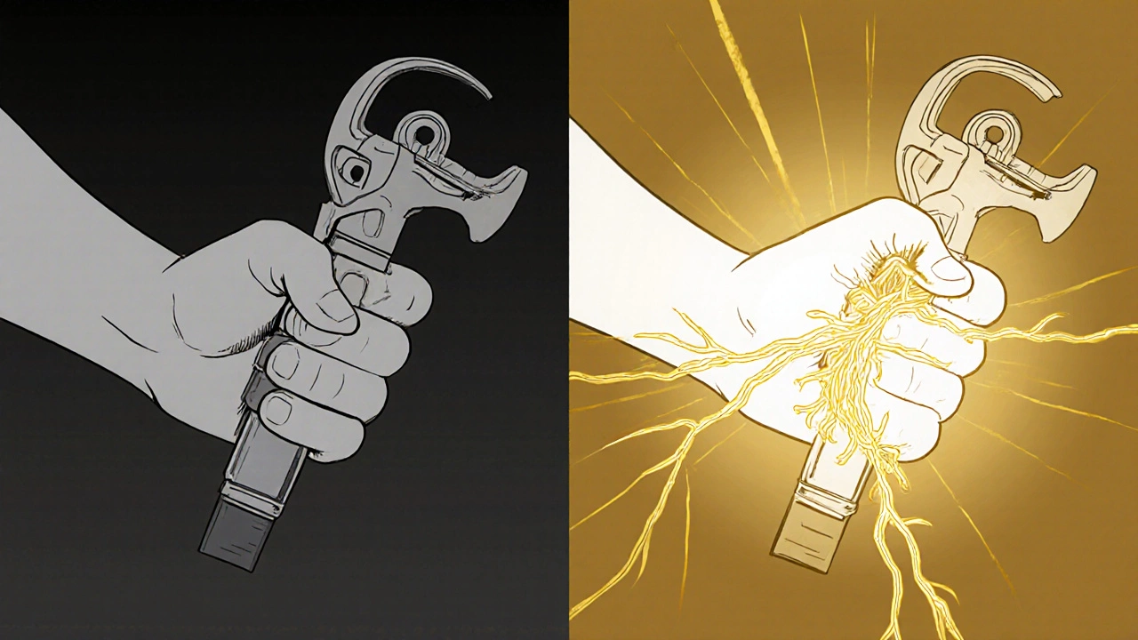 Contrasting scenes: forceful grip dimming nerve vs. post-surgery nerve decompression with restored signal.