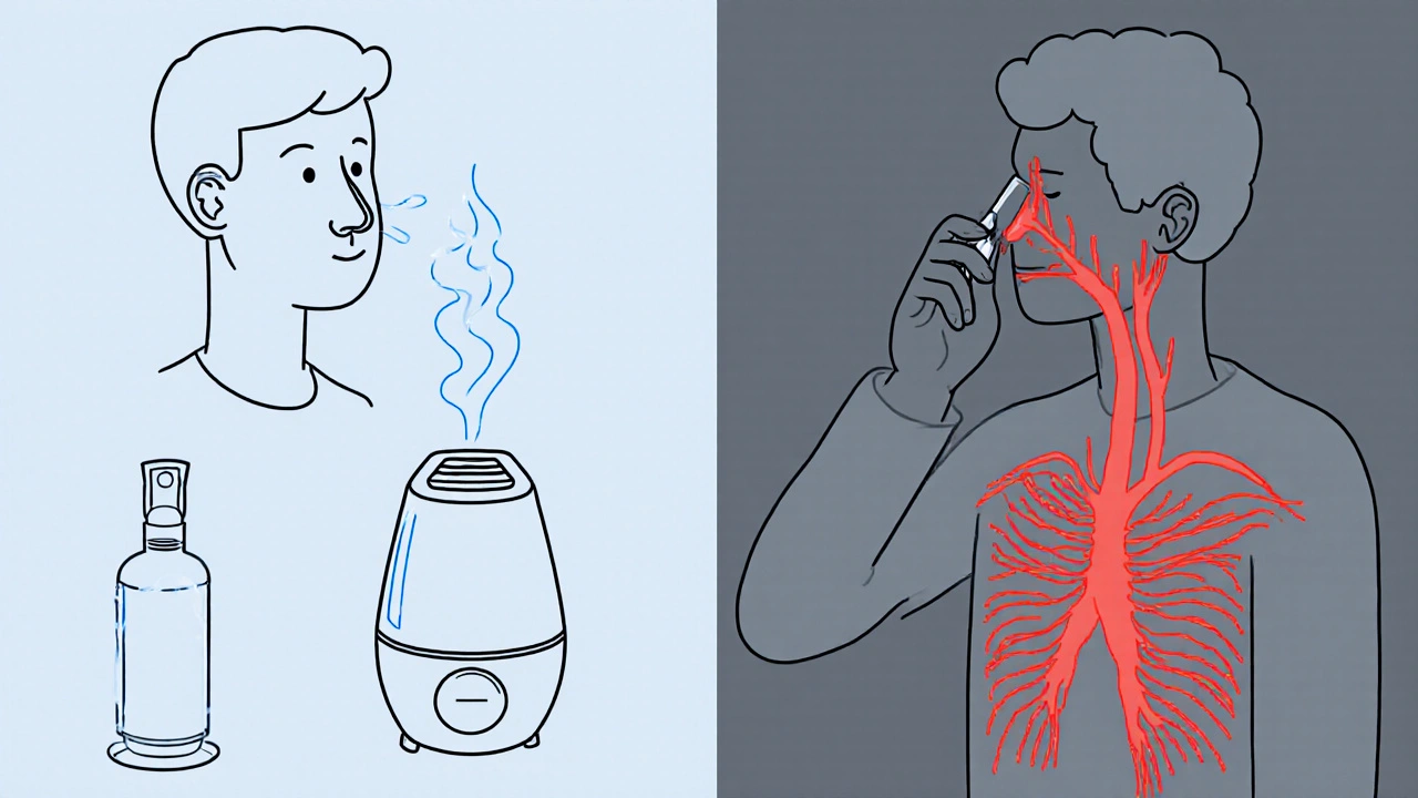Contrasting scenes: safe remedies like saline spray vs. dangerous decongestant affecting blood vessels