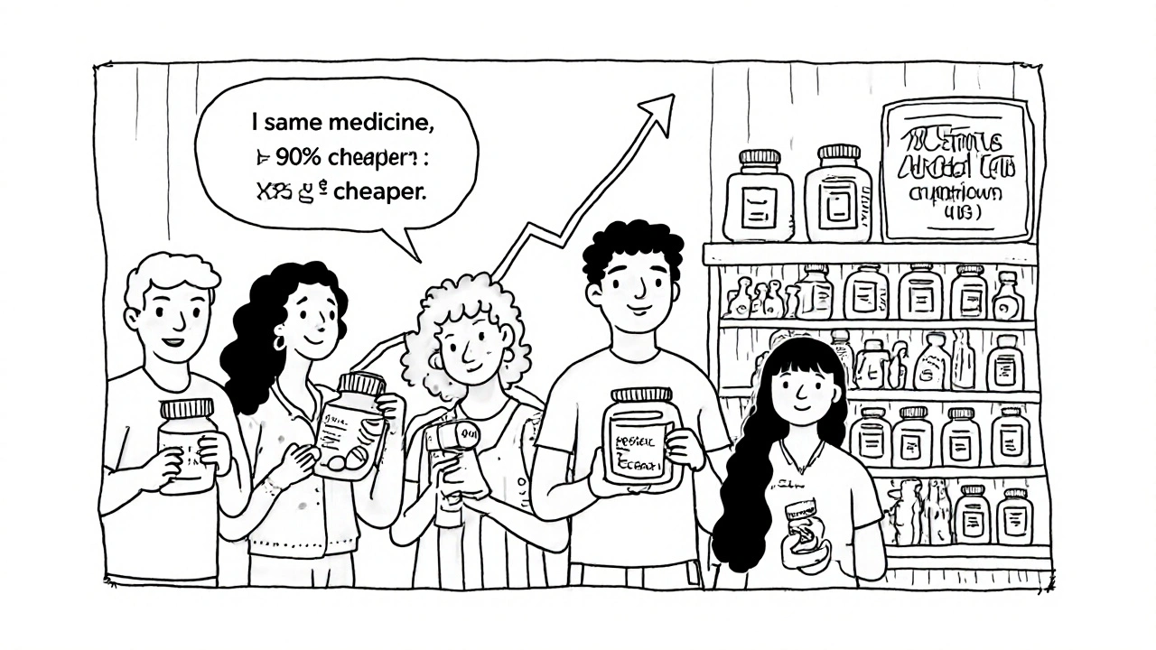 Diverse people holding generic pills in front of a pharmacy shelf with a steep price drop graph.