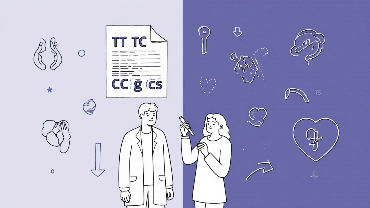 Doctor and patient with a genetic test report showing genotypes, one side showing muscle pain, the other a healthy heart.