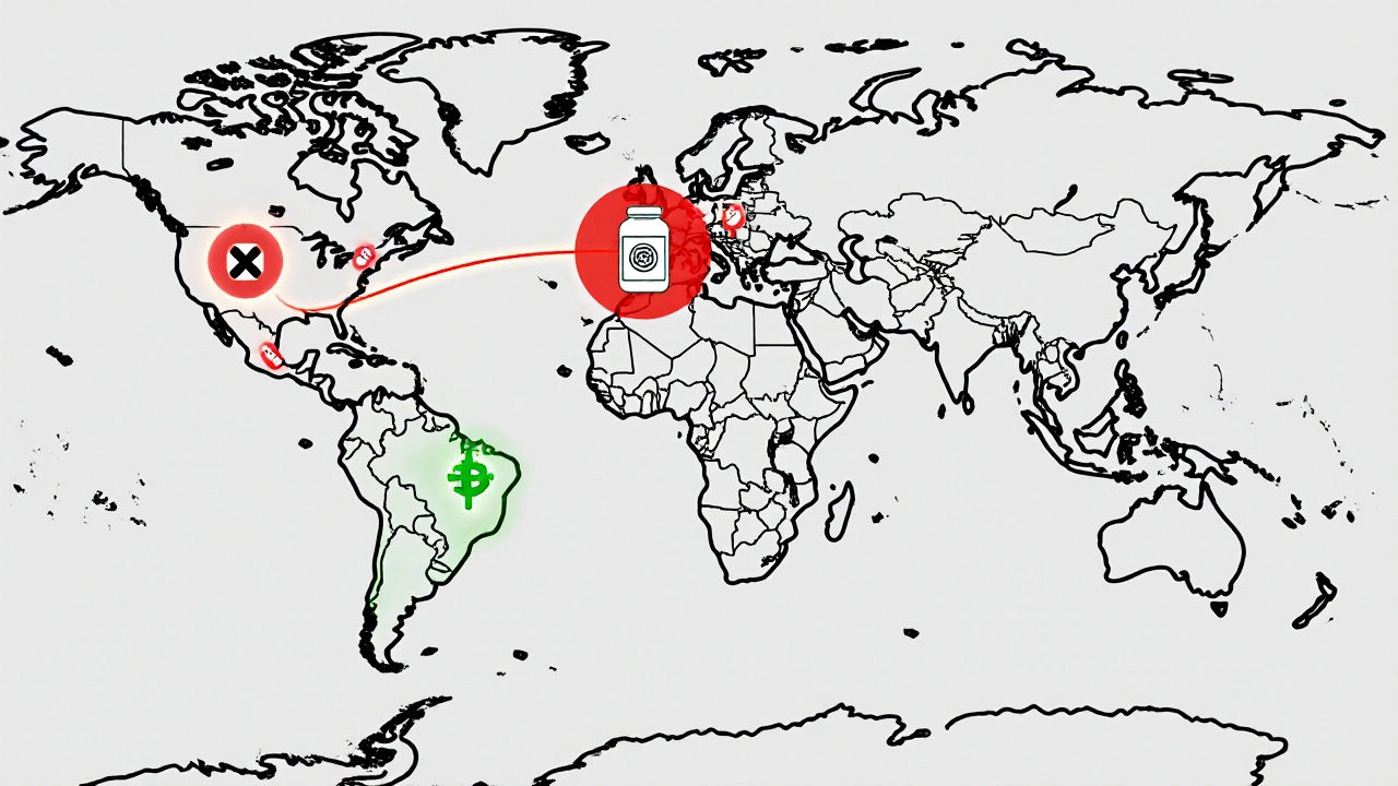 Global map with glowing drug supply routes, red X over fake shipment in rural area, green pharmacy in city.