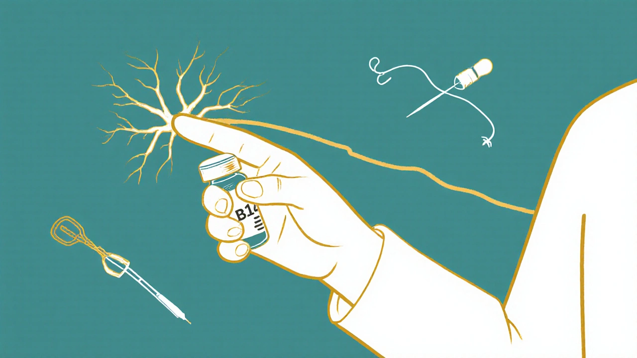 Hand holding B12 vial beside a glowing nerve pathway with diagnostic tools nearby.
