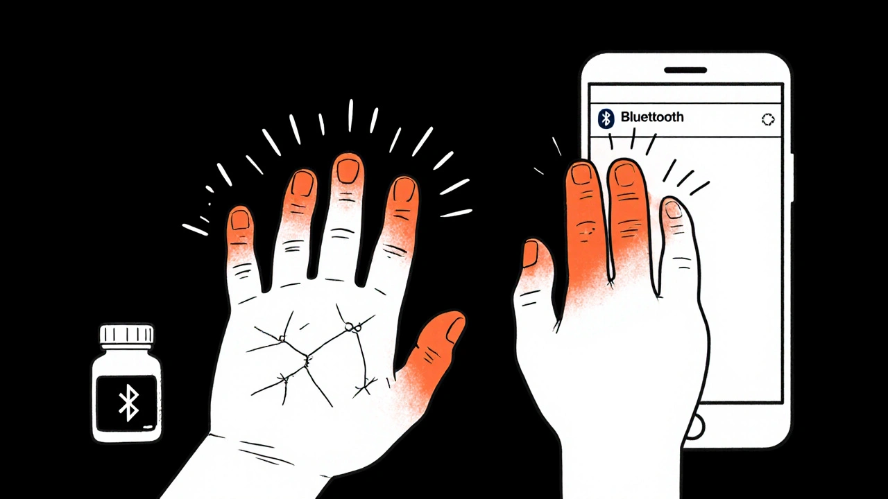 Hand with cracked, red palms beside a smart pill bottle and nurse alert notification.