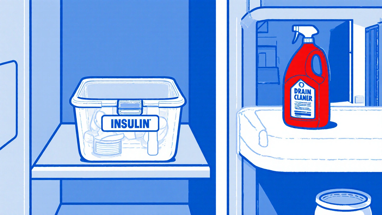 Insulin in locked bin on fridge center shelf, cleaning products stored far away in garage.