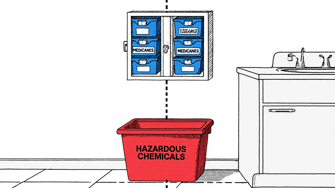 Locked medicine box on high wall with blue bins, red chemical bin below in kitchen.