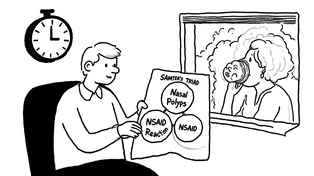 Patient in doctor’s office with medical chart showing Samter’s Triad and a clock marking years of misdiagnosis.