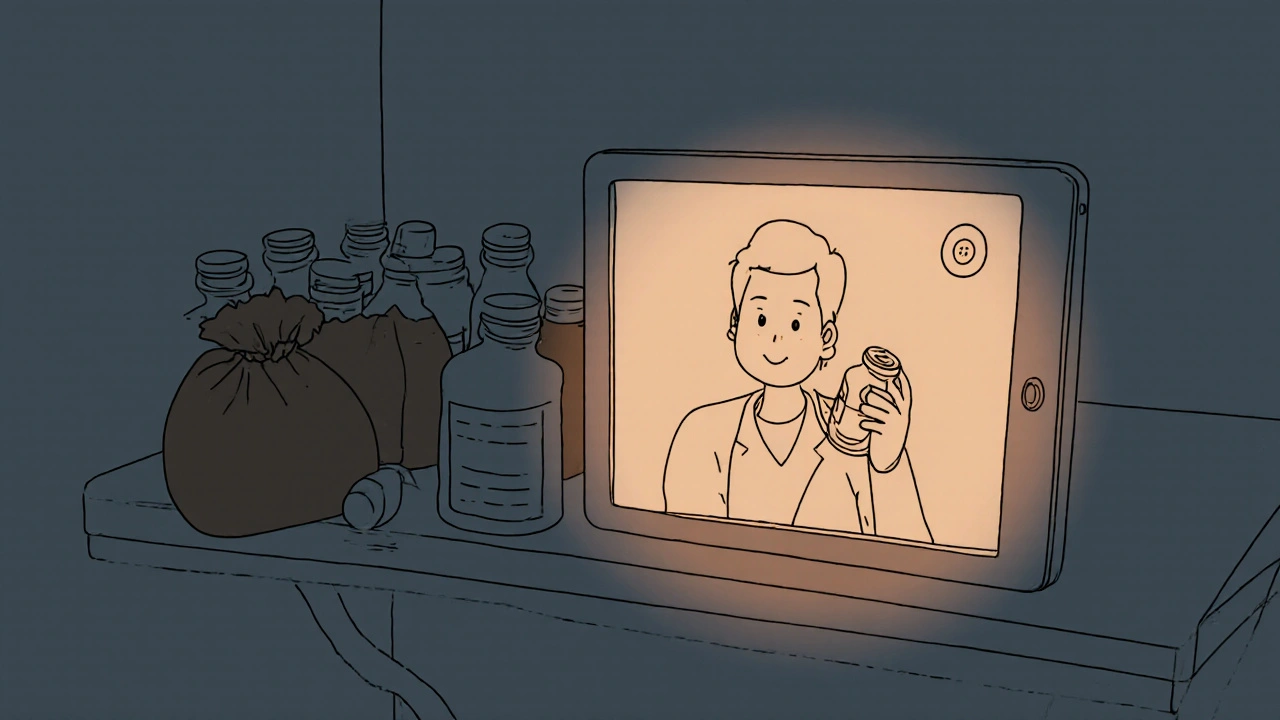 Patient showing a pill bottle on a video call while unopened bottles sit nearby on a shelf.