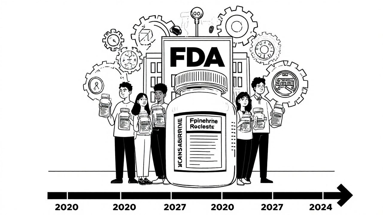 People holding generic medicine bottles in front of an FDA building with AI gears and a shrinking timeline.