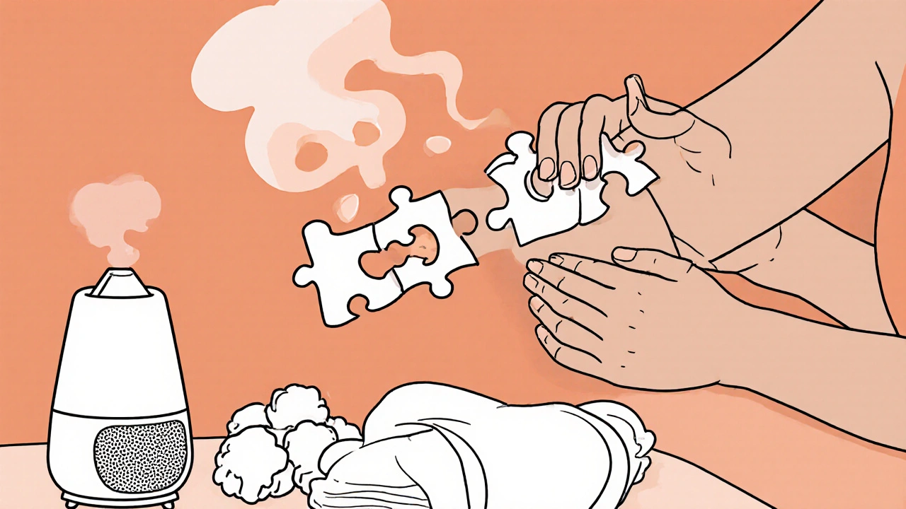 Person applying moisturizer with ceramide pieces rebuilding skin, humidifier and cotton fabric nearby in monoline style.