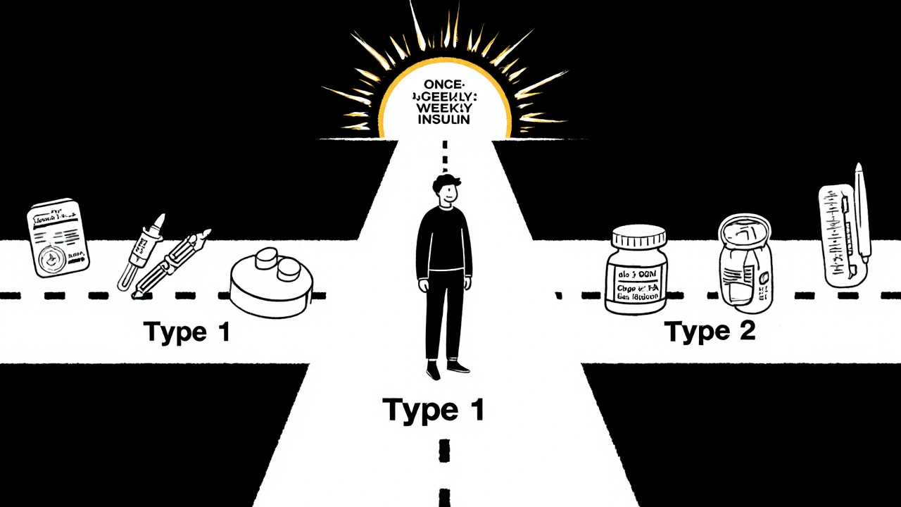 Person at a crossroads choosing diabetes management paths with future insulin options.