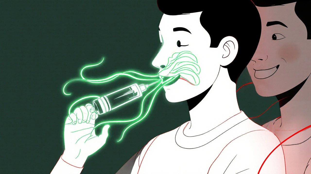 Person undergoing aspirin desensitization with inflamed airways improving, polyps shrinking in monoline illustration.