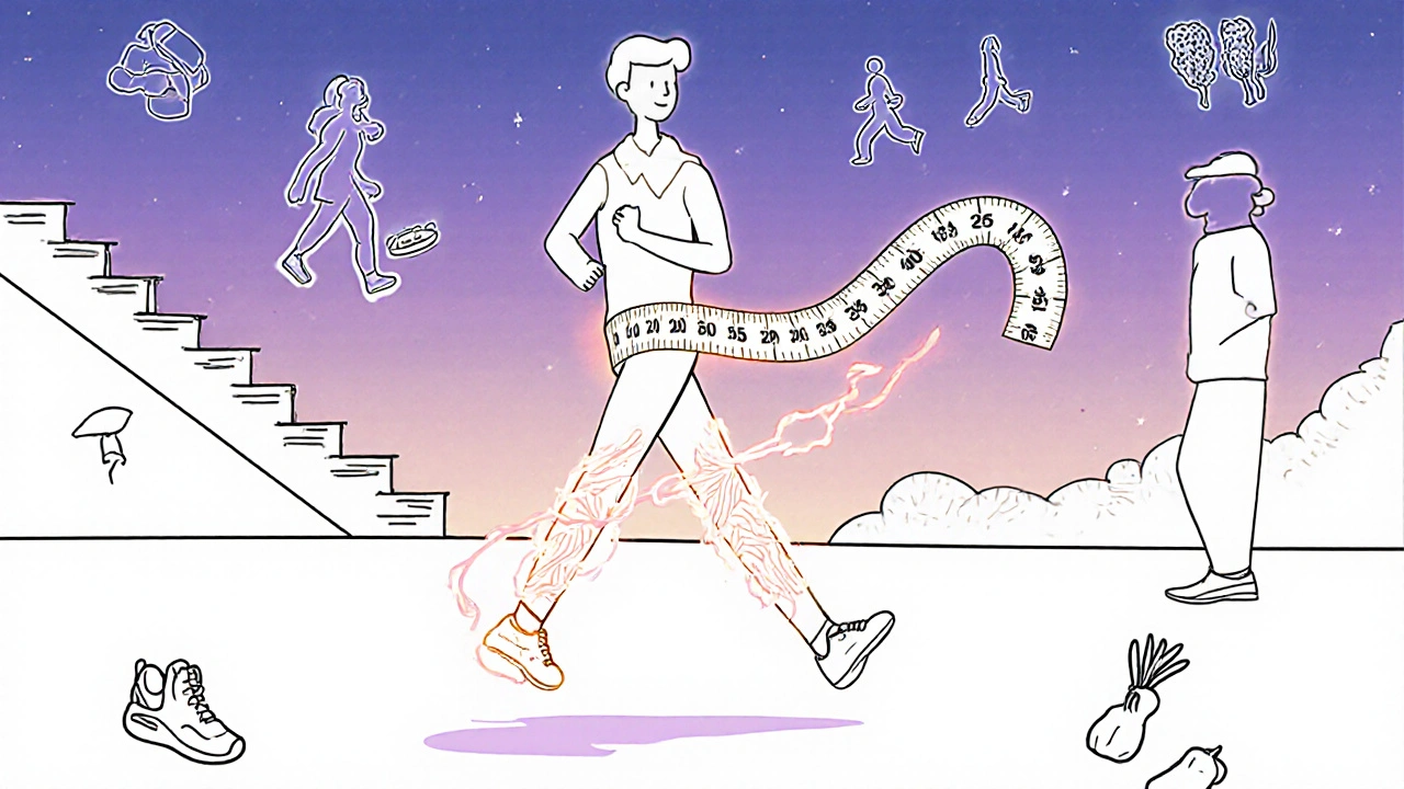 Person walking after dinner with glucose absorbed by muscles and waist measurement icons
