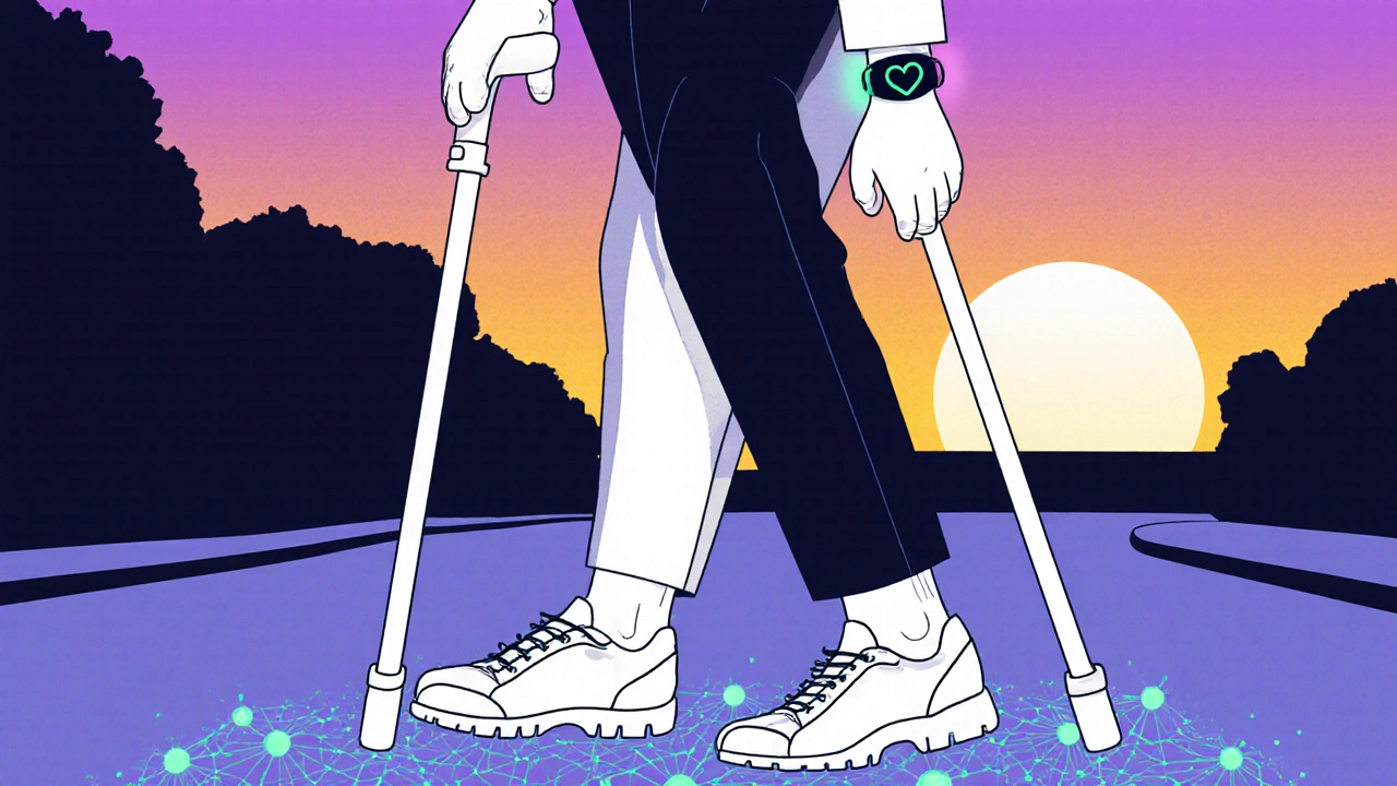 Person walking with cane and orthotic shoes, showing nerve regeneration and wearable stimulator.
