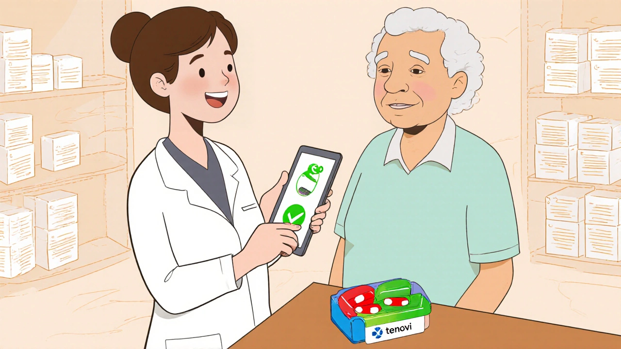 Pharmacist and patient interacting with a smart pillbox and tablet showing adherence checkmark.
