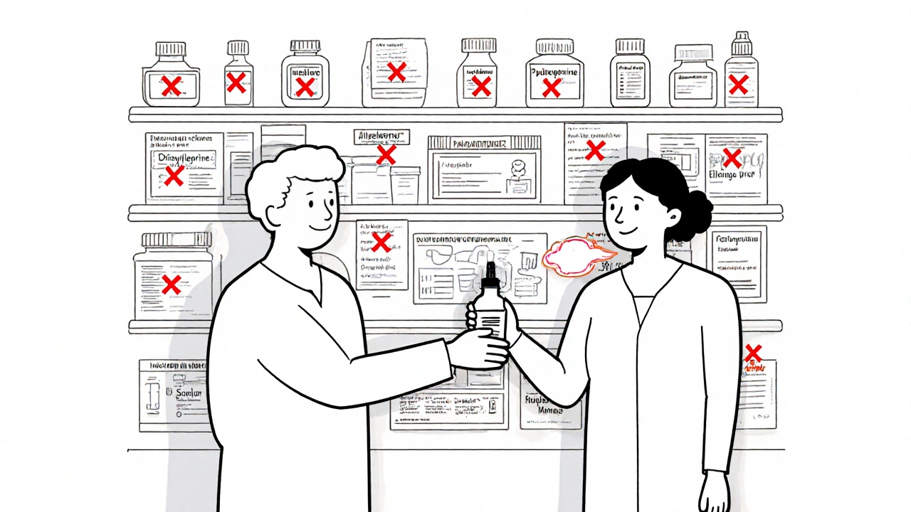 Pharmacist offering safe saline spray while risky cold medicines are marked with red Xs