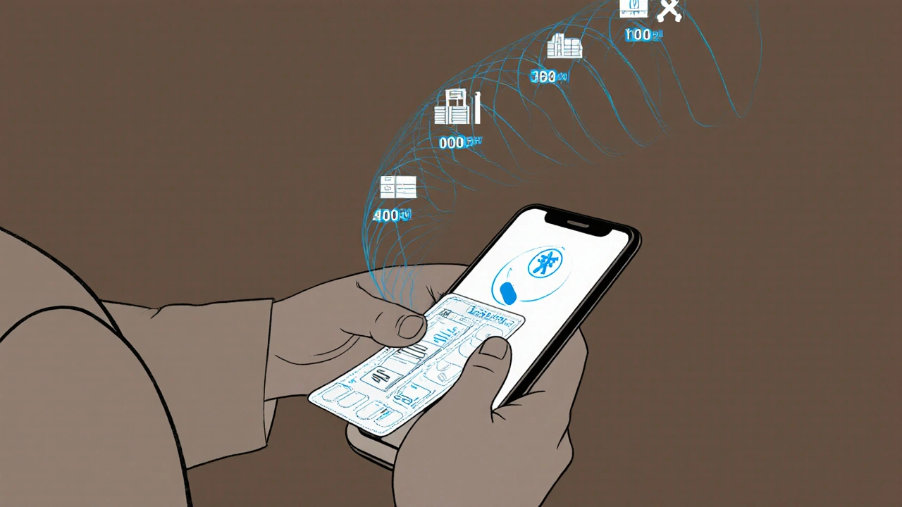 Pharmacist scanning a pill package with digital supply trail spiraling upward, AI icon on phone screen.