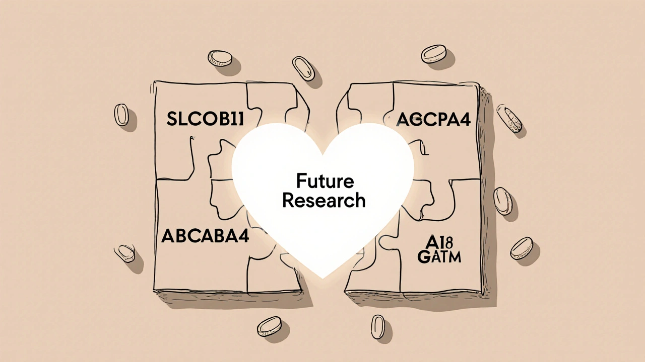 Puzzle pieces forming a heart, labeled with gene names, one piece missing, statin pills around the edges.
