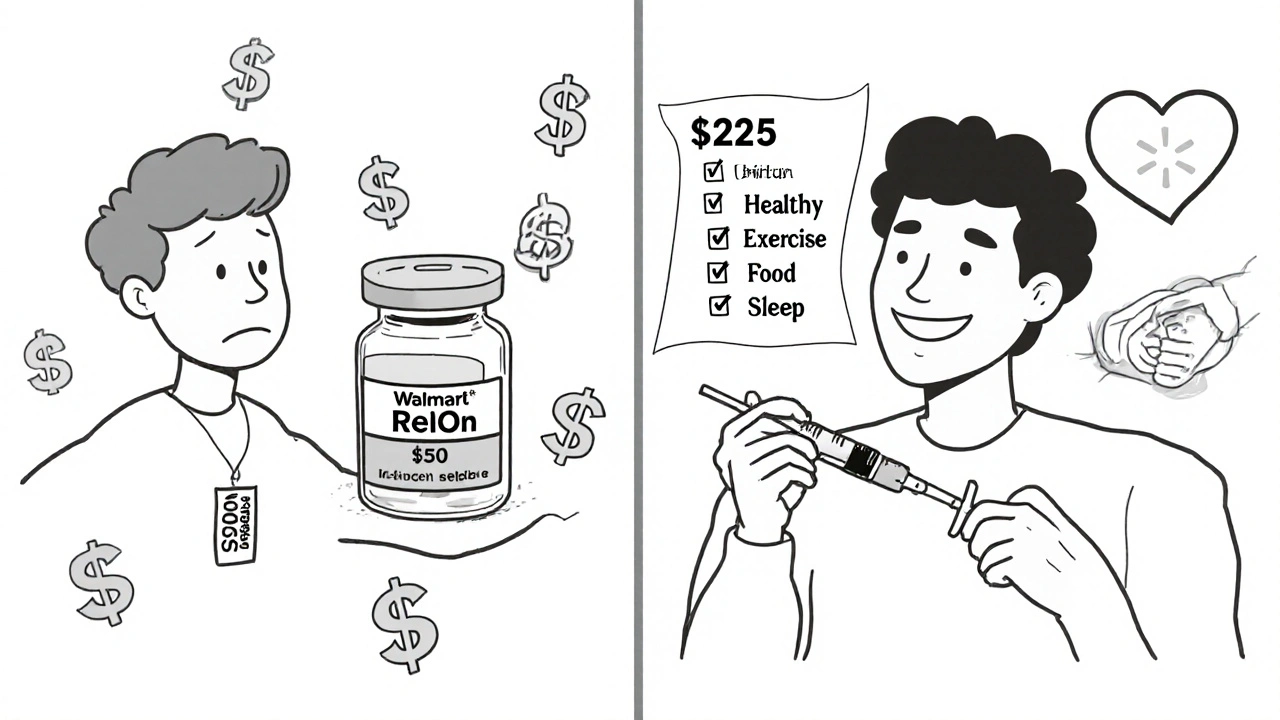 Side-by-side comparison of expensive vs. affordable insulin with healthy lifestyle icons.