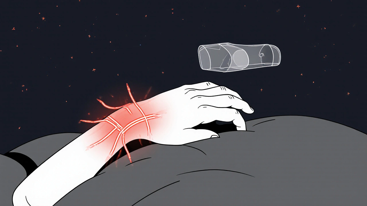 Sleeping person with tingling sensations radiating from wrist into fingers, wrist splint floating above.