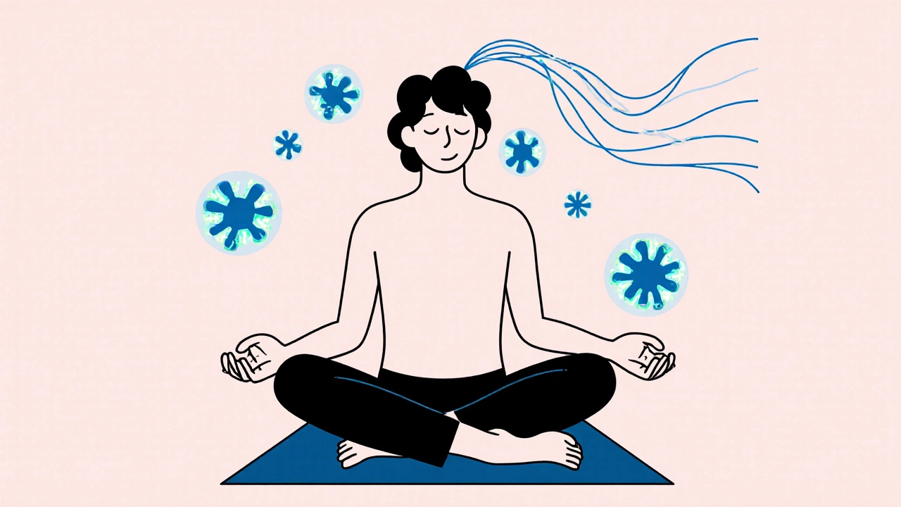 Someone in yoga pose with immune molecules dissipating and calming lines rising, shown in clean monoline illustration.