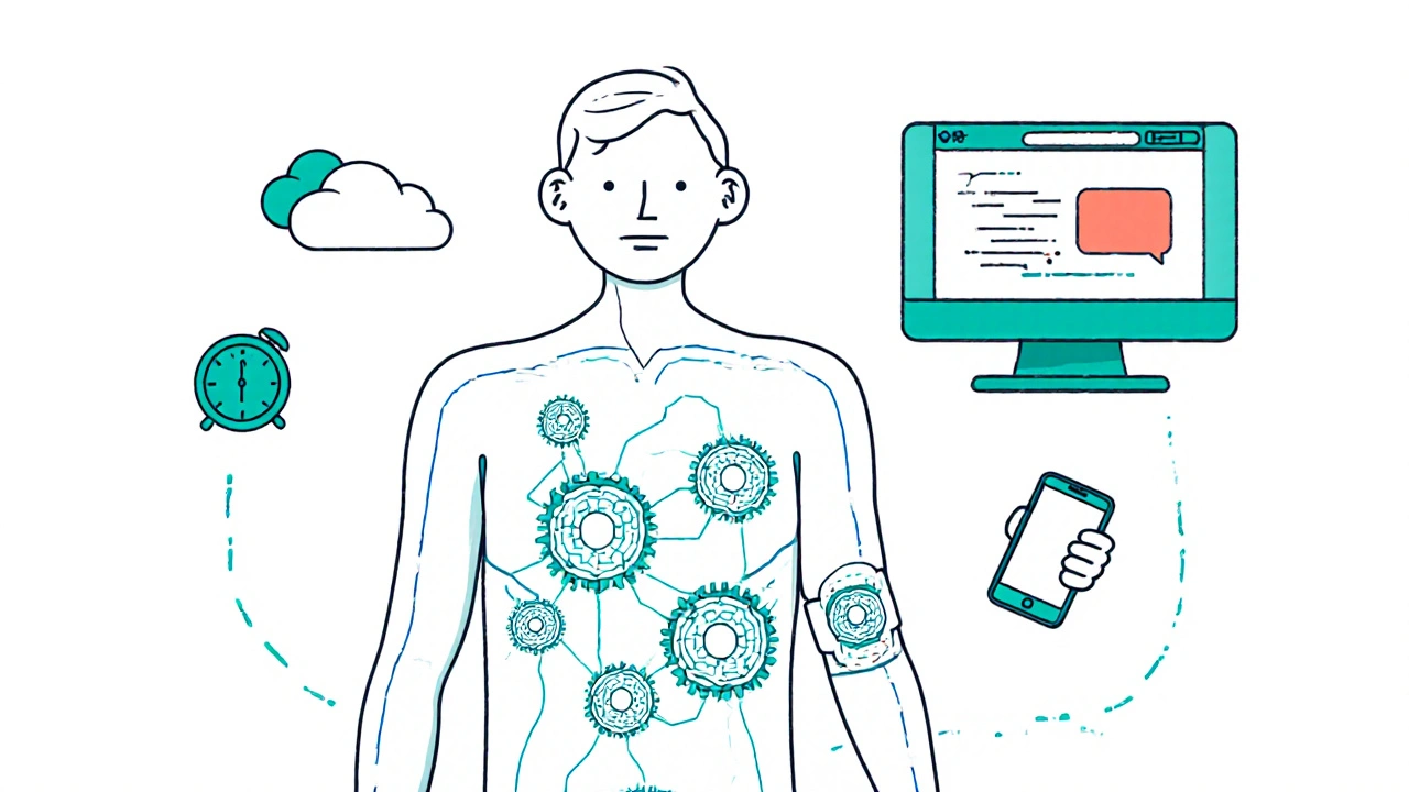 Transparent human body with digital pill chips sending signals to a wrist patch and cloud.
