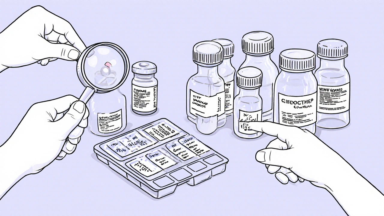 Weekly pill organizer beside open prescription bottles with visible labels, highlighting medication accuracy.