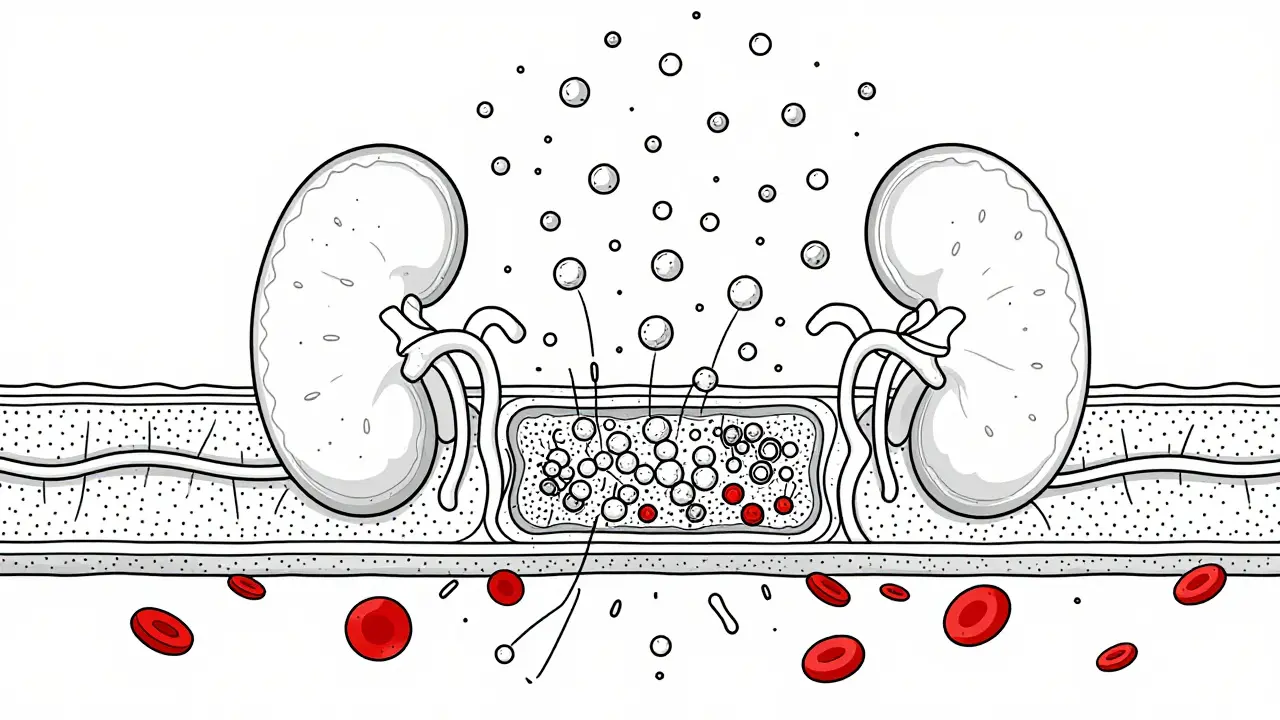 A detailed monoline view of kidney glomerulus layers with immune complexes triggering inflammation and filtration failure.