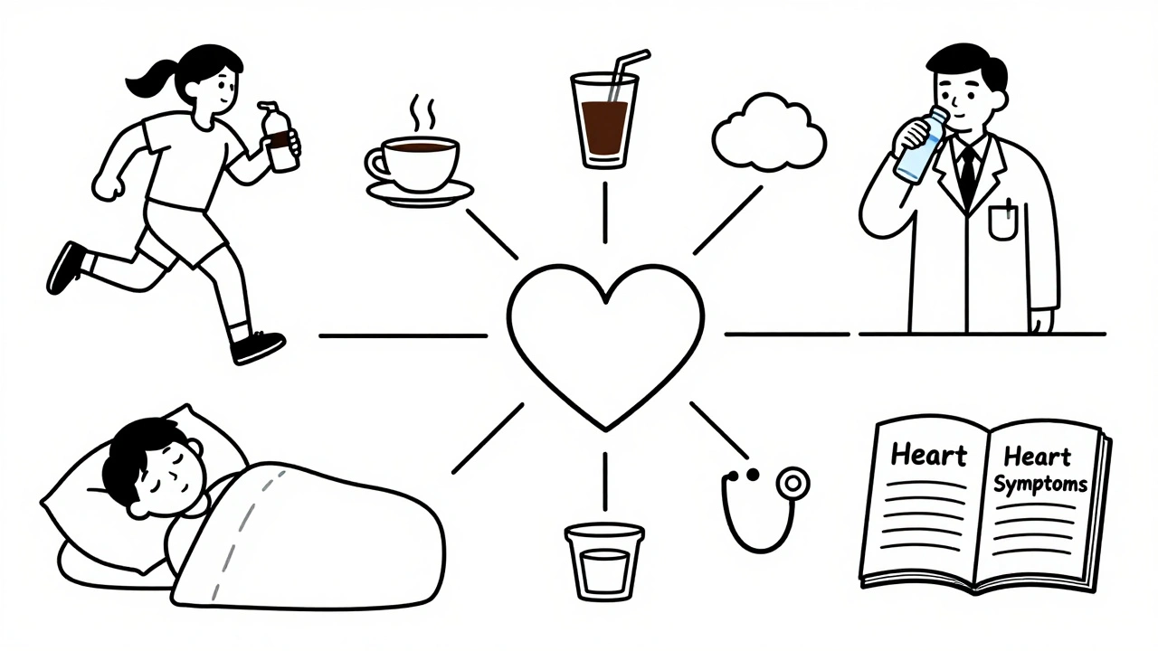 A lifestyle scene showing healthy habits connected to a heart, with icons for triggers and care.