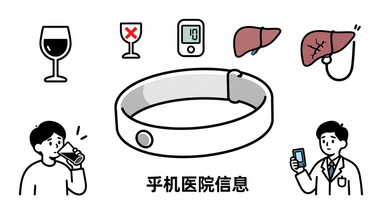 A medical ID bracelet surrounded by icons of alcohol risks, glucose drop, liver damage, and doctor’s care.
