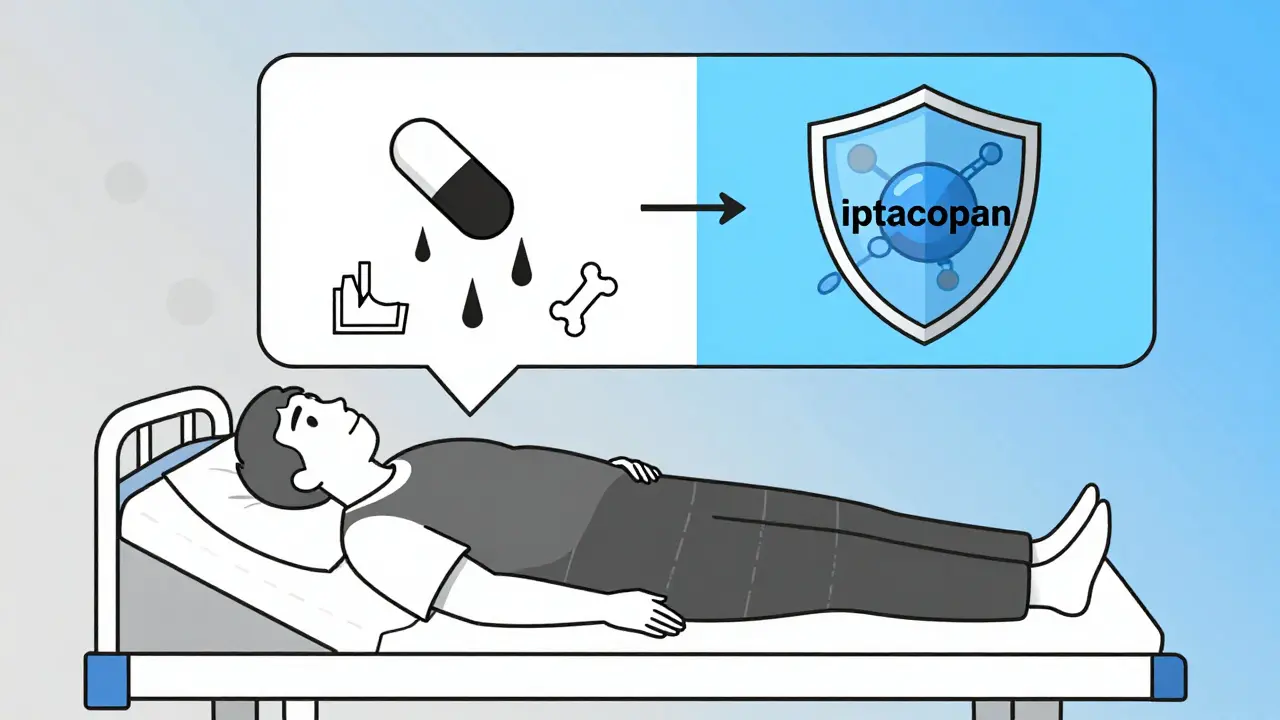 A patient surrounded by symbols of harsh steroids versus a precise targeted therapy, representing treatment choices.