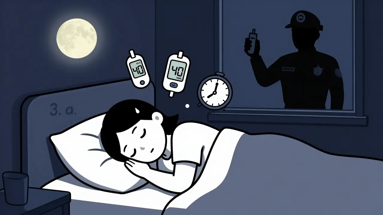 A person asleep at night with low blood sugar symbols and a paramedic misreading the situation as drunkenness.