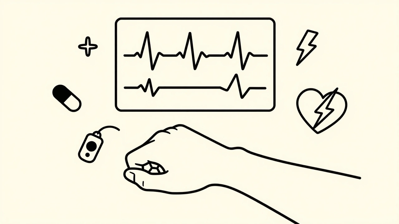 A person checking their pulse with a floating ECG displaying three types of heart rhythms and medical symbols.