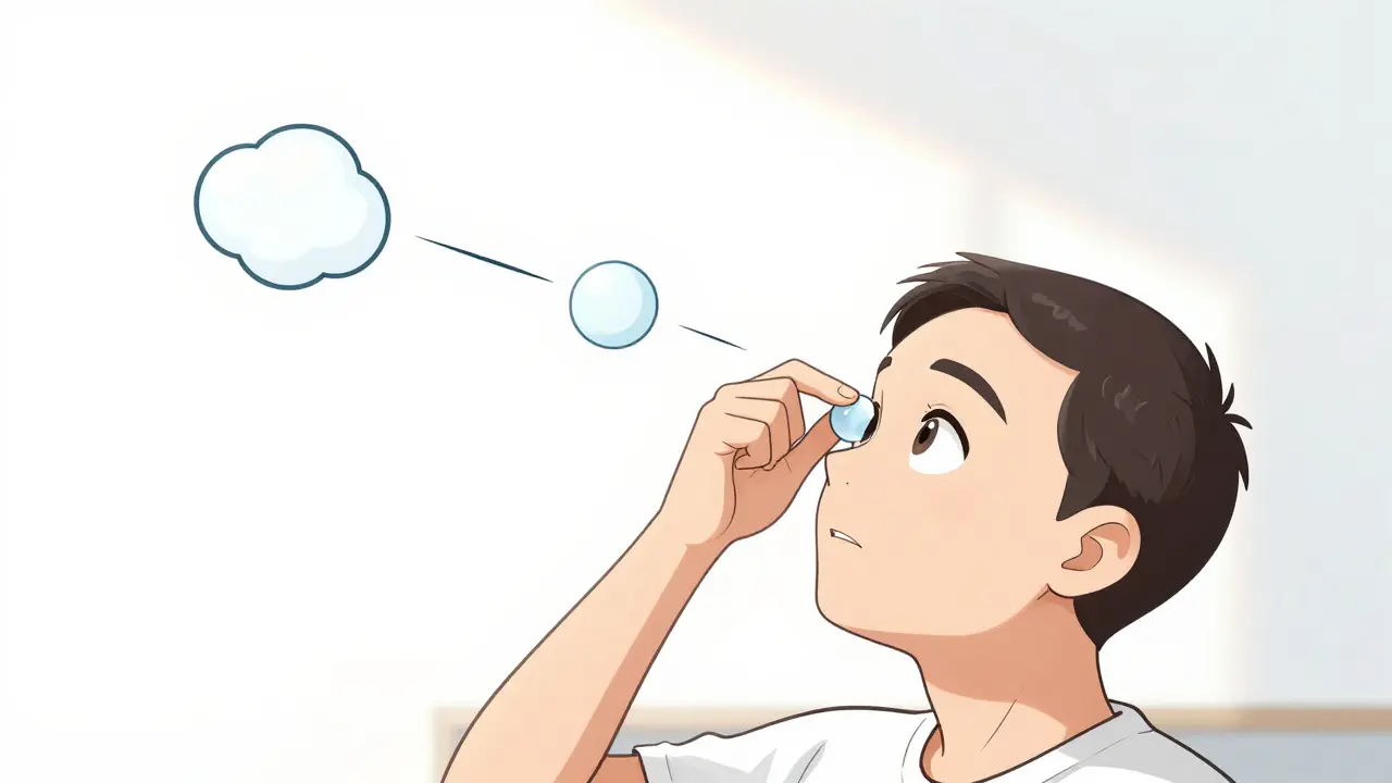 A person observing floaters drifting across their vision against a bright wall, gently rolling their eye.