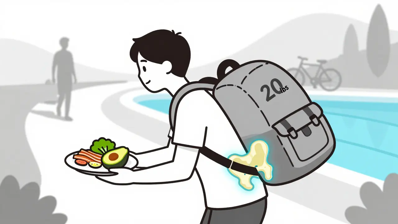 A person releasing a heavy backpack labeled with weight, revealing a healthier hip joint below with lifestyle symbols around them.