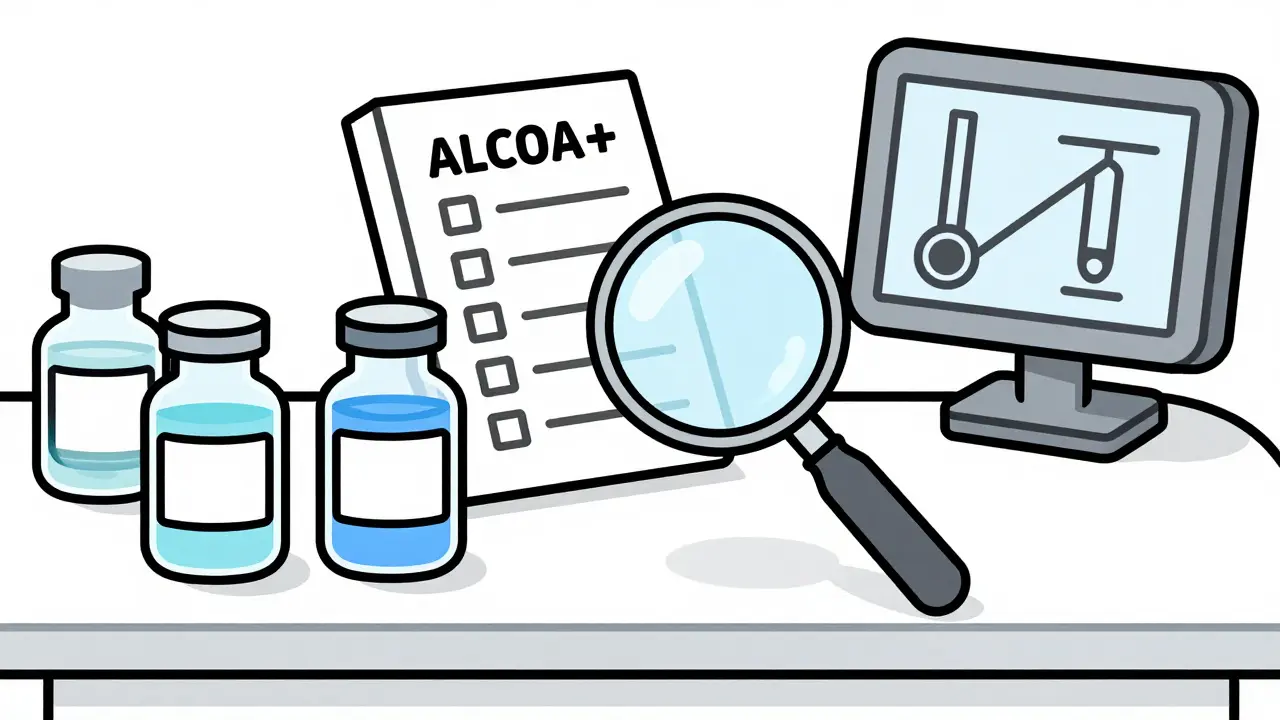 Close-up of lab vials and data log with ALCOA+ checklist under magnifying glass.