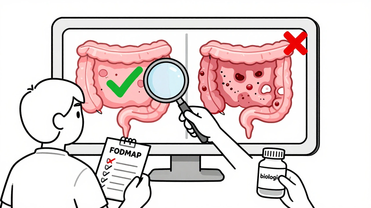 Colonoscopy screen split between healthy intestine and inflamed tissue, with patient holding diet diary and medication.