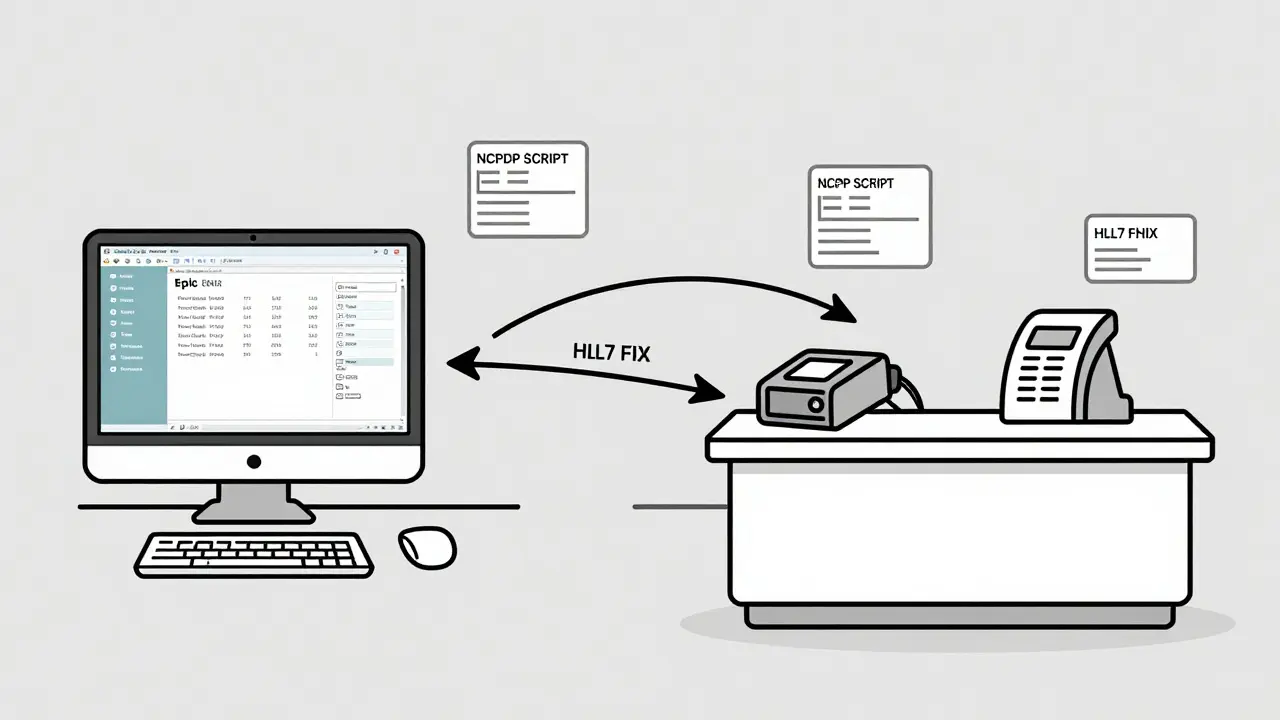 Connected EHR and pharmacy systems exchanging clinical data via digital streams between doctor and pharmacist.