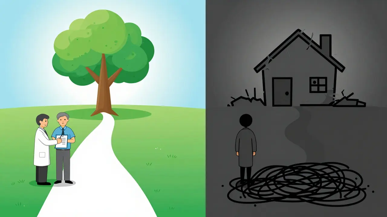 Contrasting life paths: one with screening leading to health, one without leading to decline.