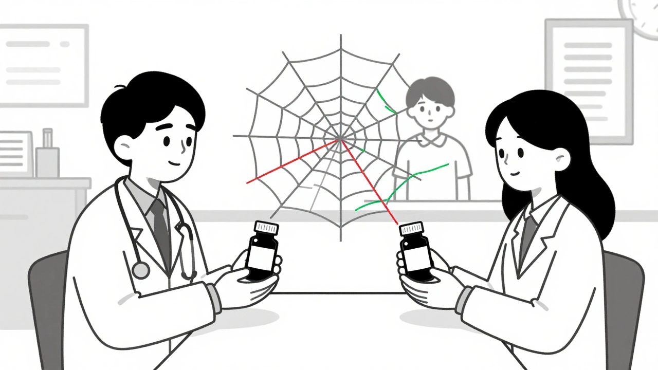 Doctor and parent at a clinic table with prescription bottles and a web of lines showing fear and care.
