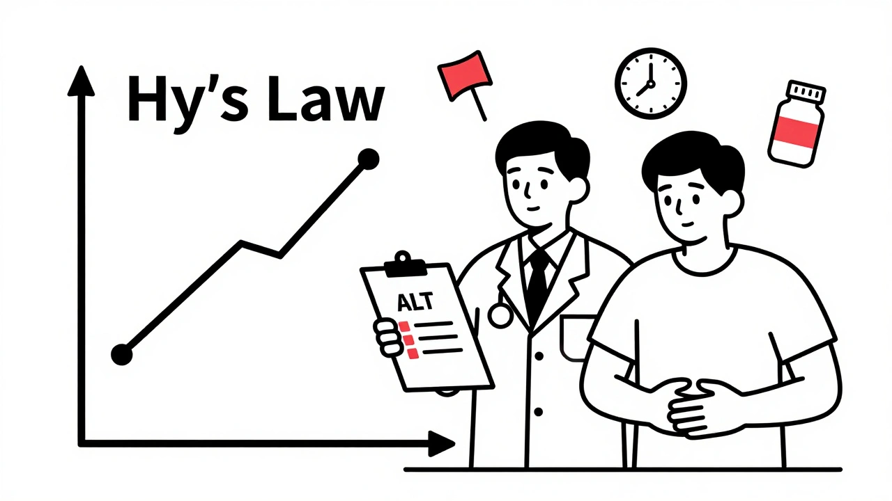 Doctor and patient with blood test graph showing Hy&#039;s Law threshold, drawn in monoline.