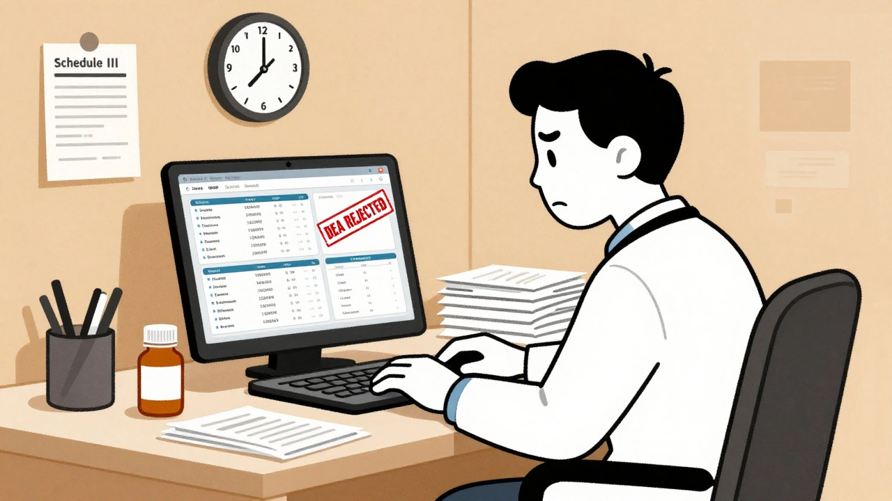 Doctor overwhelmed by multiple state PDMP systems during a telemedicine appointment.