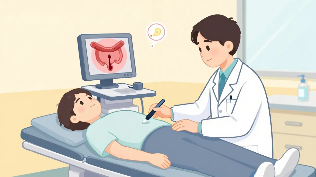 Doctor removing a polyp during a colonoscopy in a calm clinic setting.