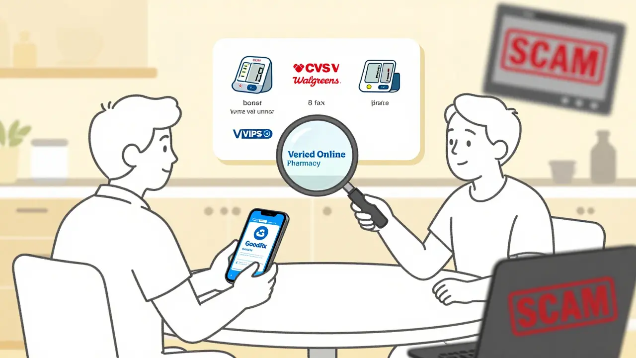 Family comparing generic drug prices on GoodRx app with verified pharmacy icons.