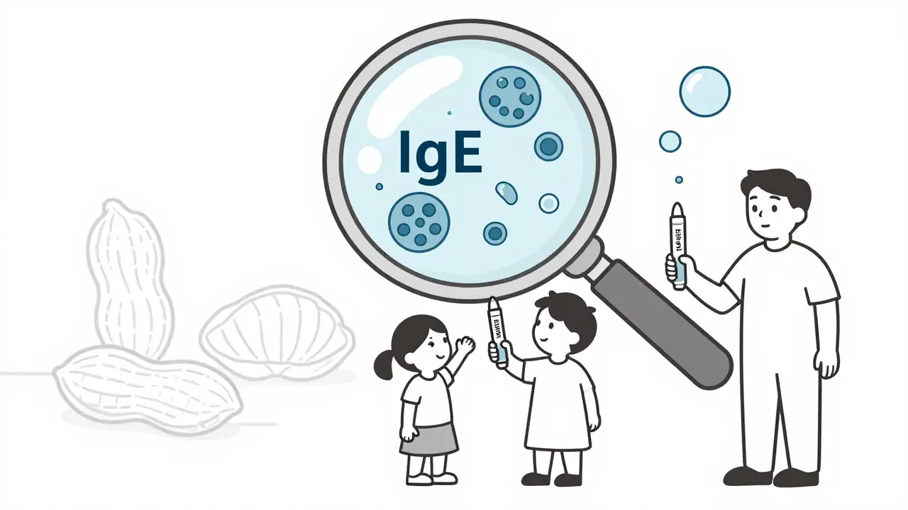 Family holding EpiPens under a magnifying glass showing immune cells and allergens, symbolizing preparedness for anaphylaxis.