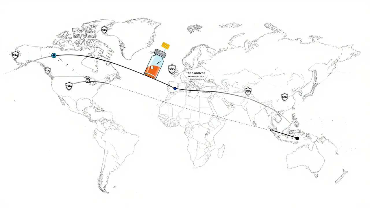 Global map showing FDA-inspected drug factories connecting to U.S. pharmacies.