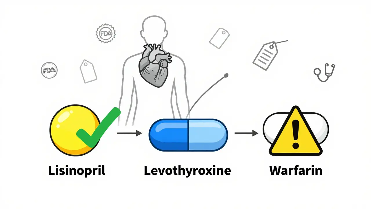 Human outline with key organs and different generic pills linked by lines.