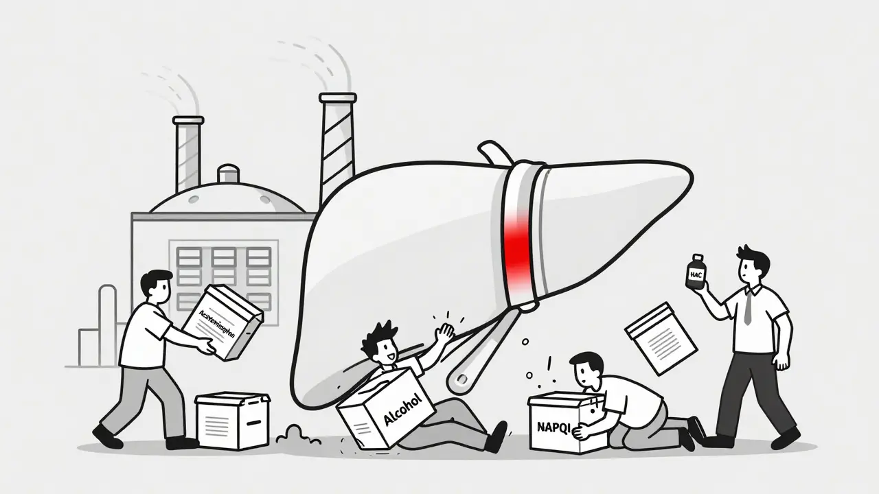 Liver as a factory overwhelmed by toxic packages, with one worker collapsing and NAC bottle nearby.