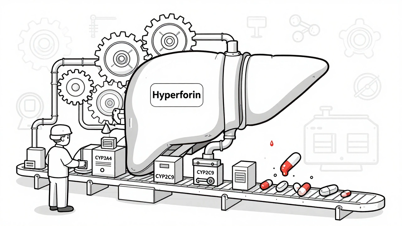 Liver factory with machines shredding prescription pills due to St. John’s Wort enzyme activation